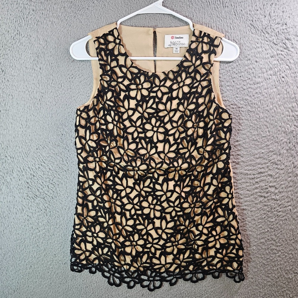Neiman Marcus Sleeveless Top Women XS Eyelet Lace Cotton Silk Black Beige